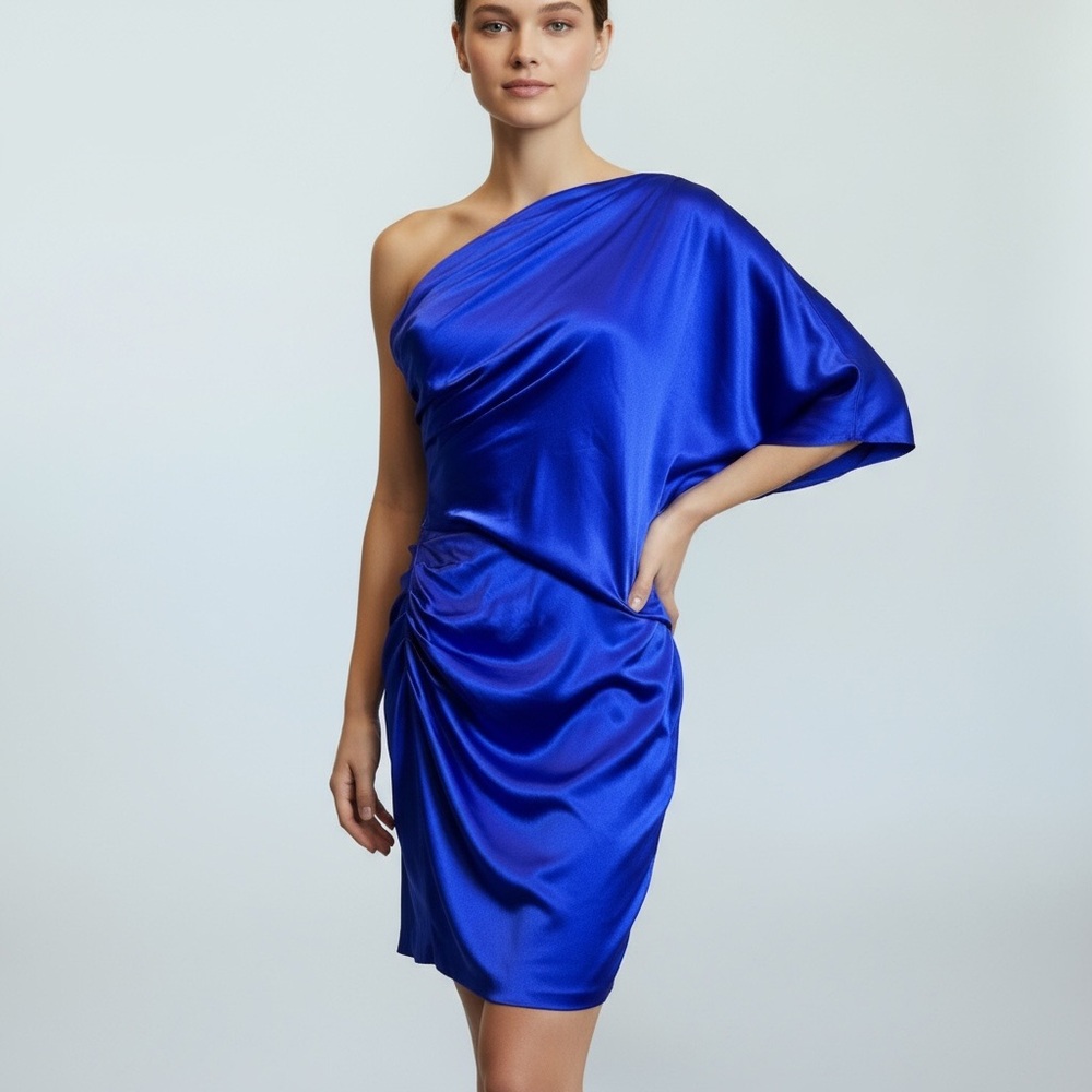 Aiden Mattox One Shoulder Royal Blue Silk Evening Cocktail Mini Dress FLAW READ